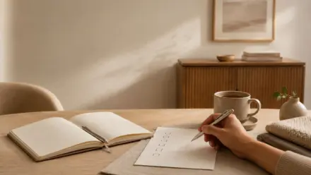 A calm home setting with a notebook, checklist, tea and folded textiles on a table.
