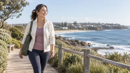 Woman walking along a coastal path during an active day